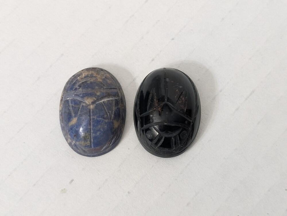 Large Carved Scarab Cabochons Set of 2, Lapis Lazuli Black Onyx Glass Lot #3